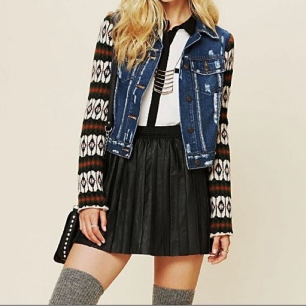 Free People Blue Denim Jacket with Patterned Sleeves